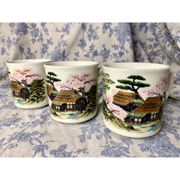 Set of 3 Vintage Handpainted Japanese Cherry Blossom Porcelain Mugs - Picture 3 of 10
